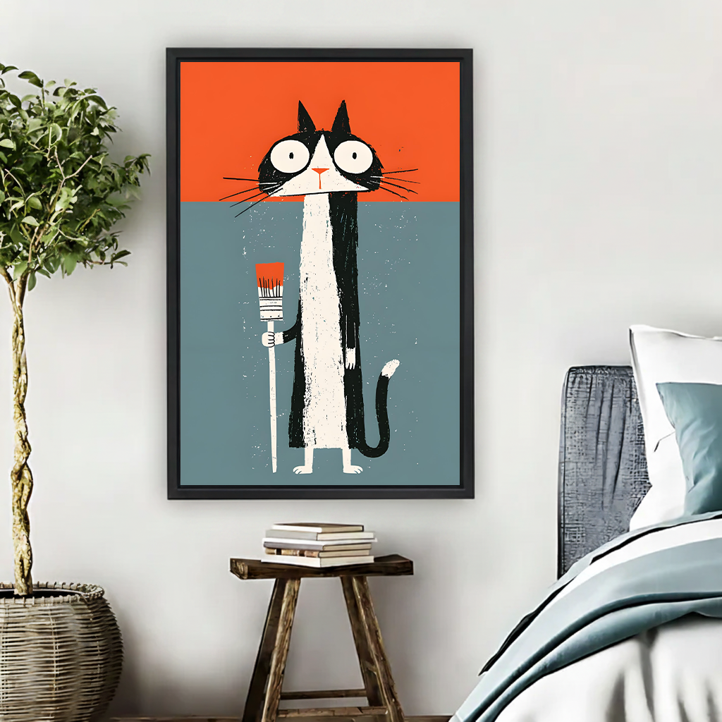 Framed graphic cat painter canvas wall art displayed above a sofa in a bright living room