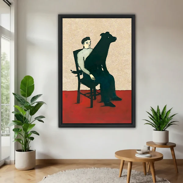 Retro modern man and greyhound dog duo framed canvas wall art – mid-century art poster print in minimalist living room with plants