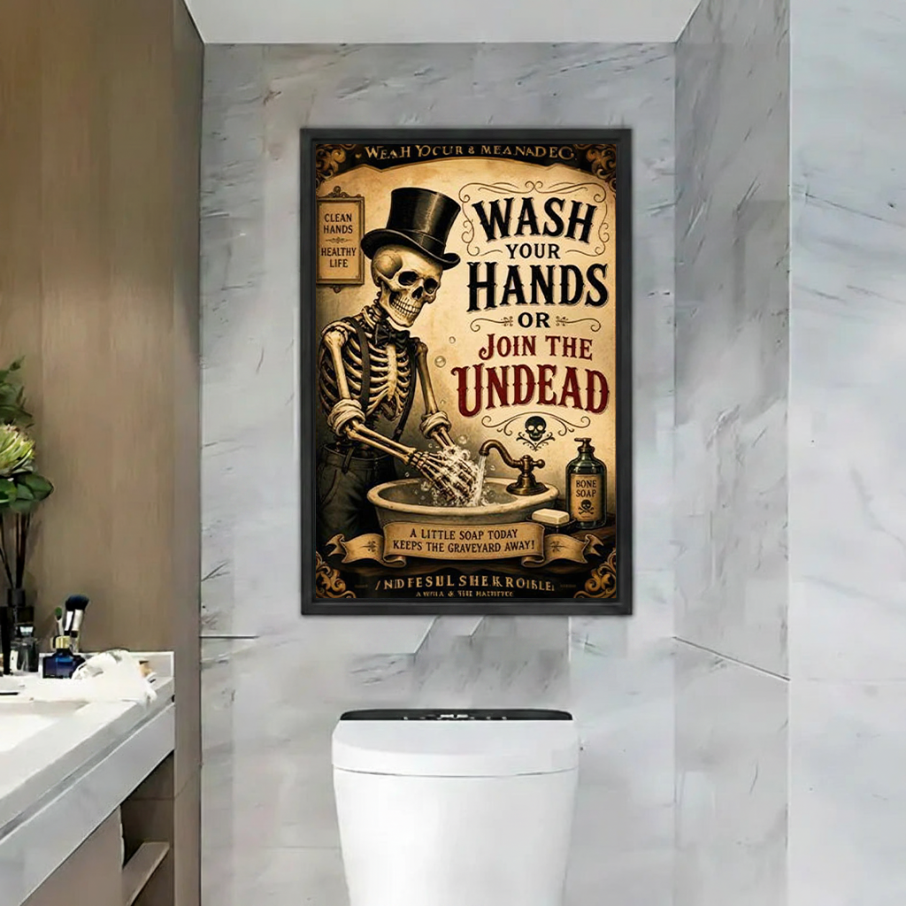 Vintage Gothic Skeleton Wash Your Hands Canvas Wall Art | Framed & Unframed l4910