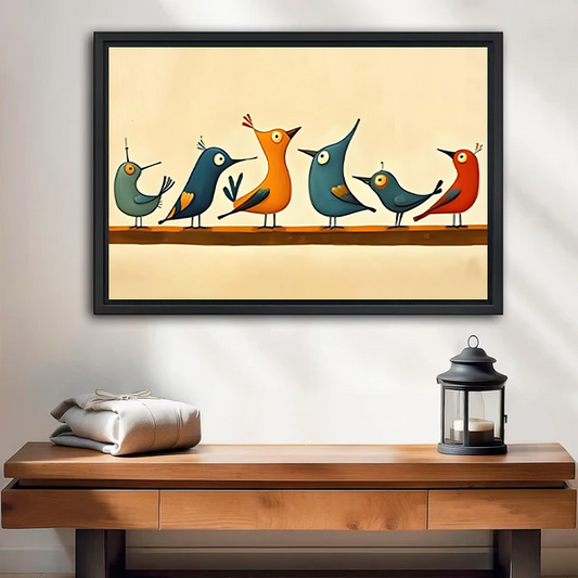 Framed mid-century modern birds on branch retro wall art print above wooden console table with lantern
