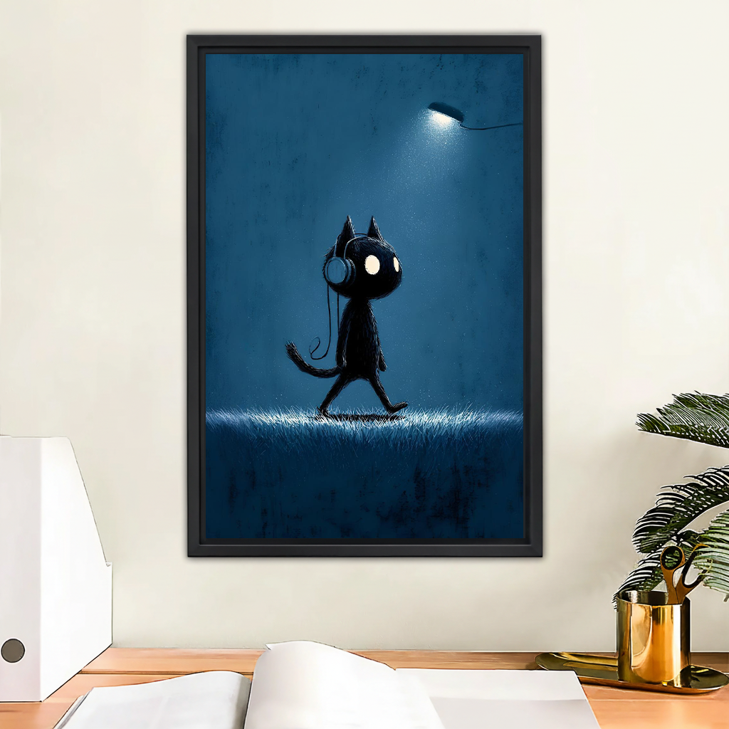 Dark moody black cat with headphones wall art print in black frame above wooden desk – night walk illustration in deep teal blue for home office decor