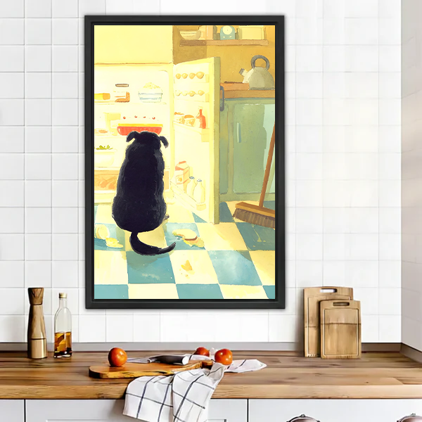 Black cat sitting in front of open refrigerator on checkered floor cozy kitchen watercolor illustration framed wall art hung on warm beige wall above grey sofa with wooden coffee table and pampas grass in modern living room