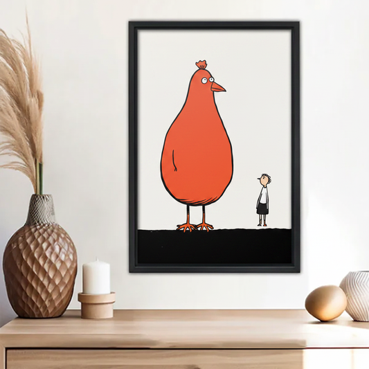 Giant Chicken and Human Art Print in Boho Styled Room – Minimalist Humor Framed Wall Decor with Pampas Grass