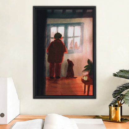 Man and dog at window vintage framed art print with warm red tones displayed above wooden desk with gold accessories in home office