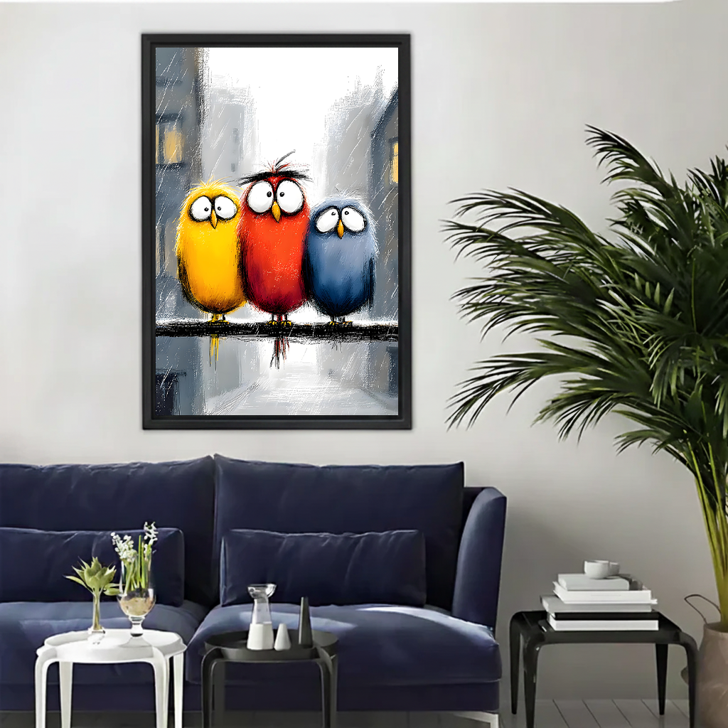 Three colorful cartoon birds on wire oil painting framed wall art in yellow red and blue hung on white wall above navy blue sofa with palm plant in modern living room