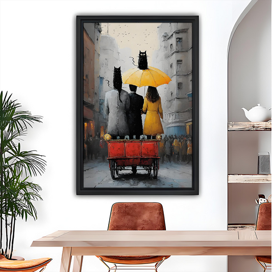 Romantic couple black cats yellow umbrella city street framed wall art – dining room display