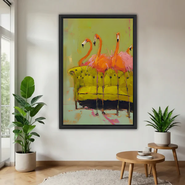Pink flamingos abstract canvas wall art framed in a bright modern living room