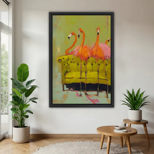 Pink flamingos abstract canvas wall art framed in a bright modern living room