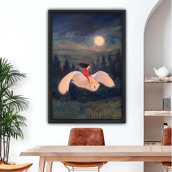 Fantasy girl riding white bird moonlight framed canvas wall art in black frame, dreamy oil painting for dining room decor