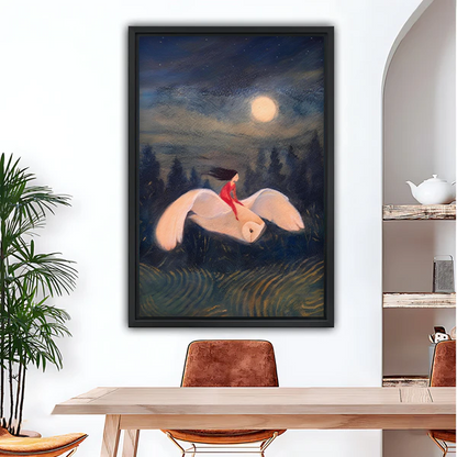 Fantasy girl riding white bird moonlight framed canvas wall art in black frame, dreamy oil painting for dining room decor