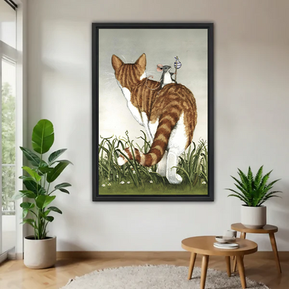 Framed vintage cat and mouse wall art print in a bright living room with green plants, whimsical illustrated animal decor