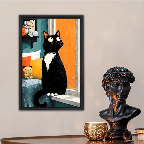 Wide-eyed cat art print in black frame, vibrant oil painting of black and white cat at window