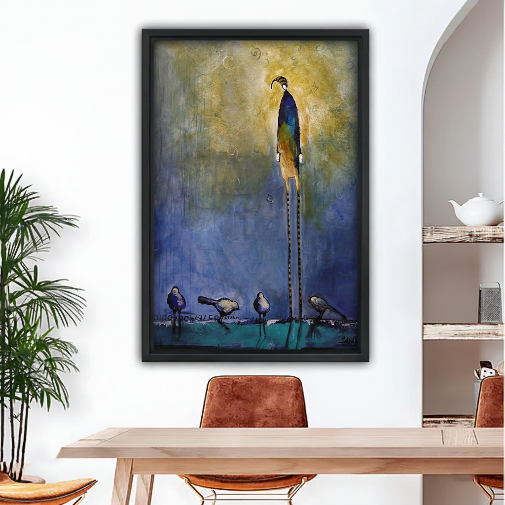 Black framed abstract bird painting with long-legged bird and small birds in blue gold palette