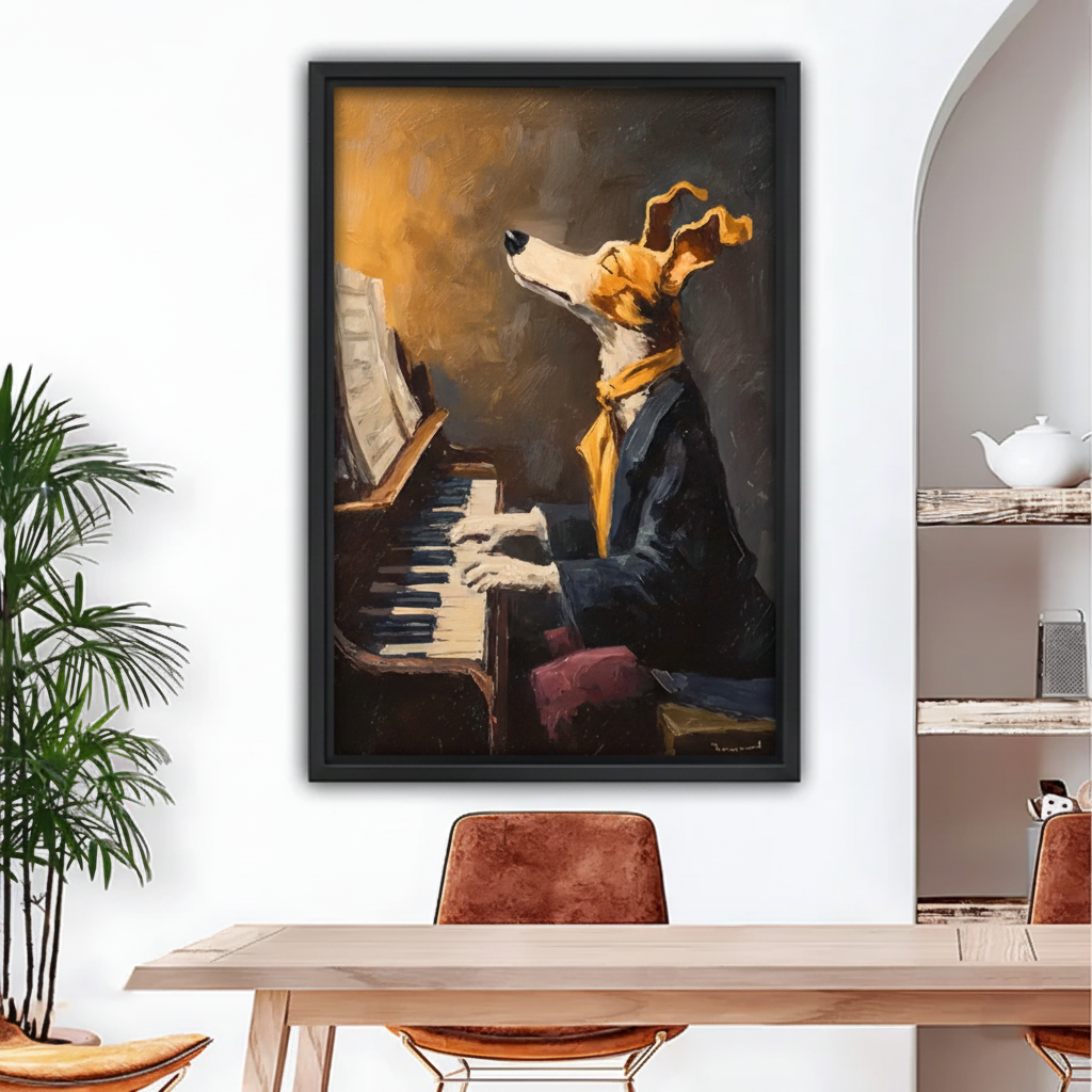 Framed dog pianist wall art print, elegant greyhound in yellow scarf playing piano, moody oil painting style home decor