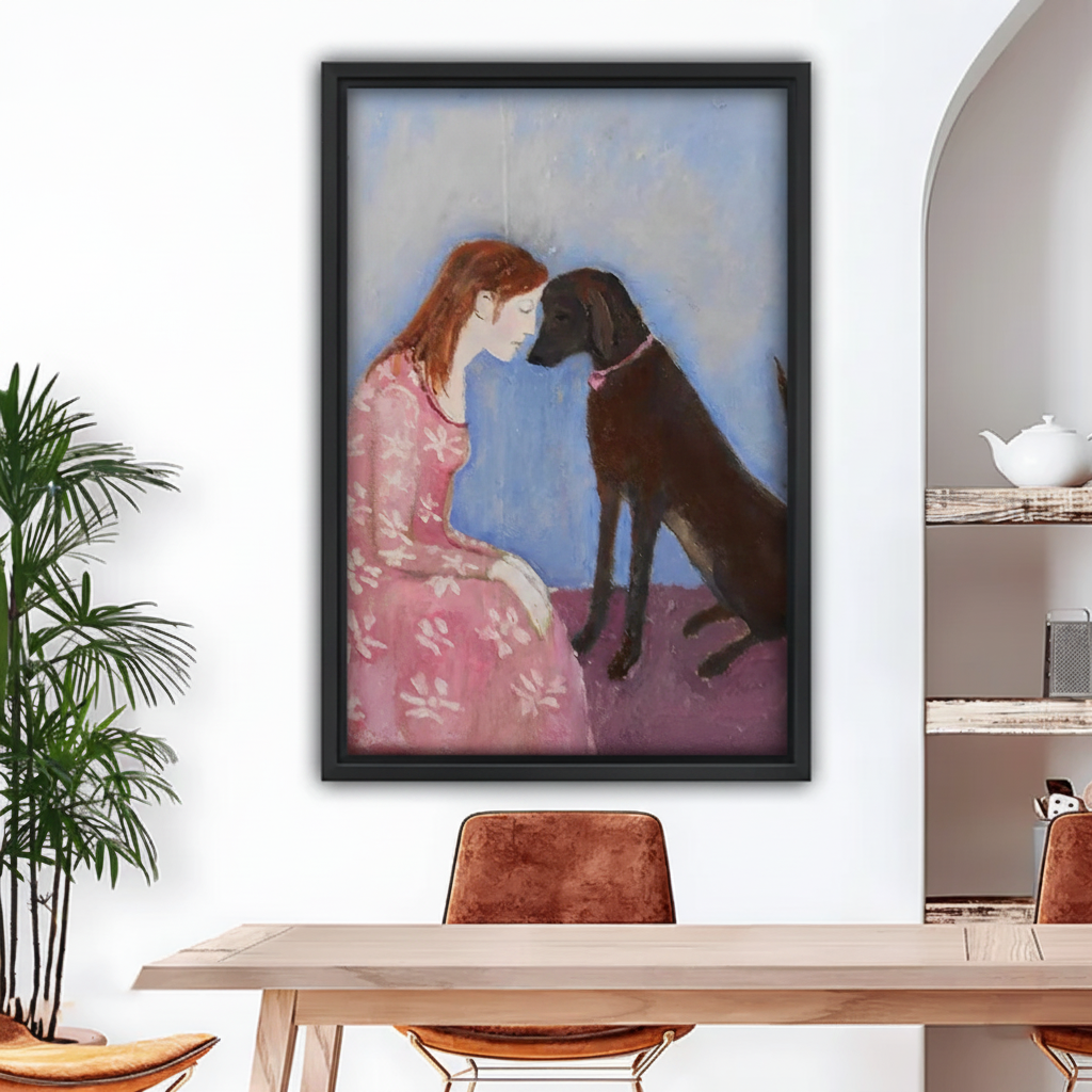 Oil painting woman in pink dress with black Labrador framed canvas art above wooden dining table
