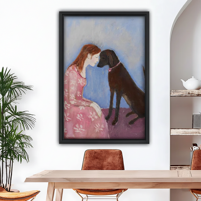 Oil painting woman in pink dress with black Labrador framed canvas art above wooden dining table