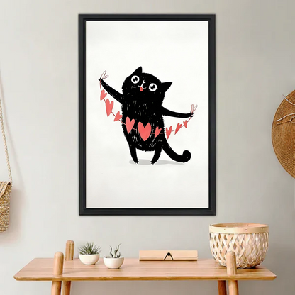 Black framed cute cat heart garland illustration art print hanging on white wall above minimalist wooden shelf