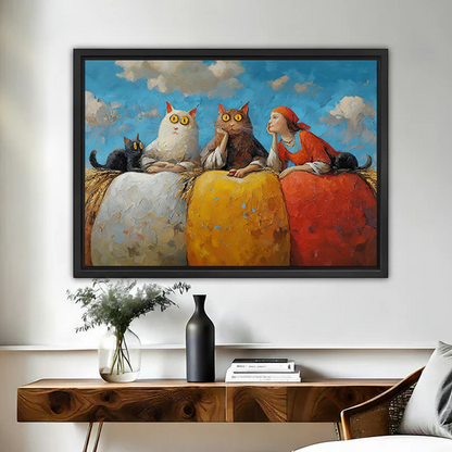 Framed whimsical cats and girl colorful oil painting wall art print above wooden console table
