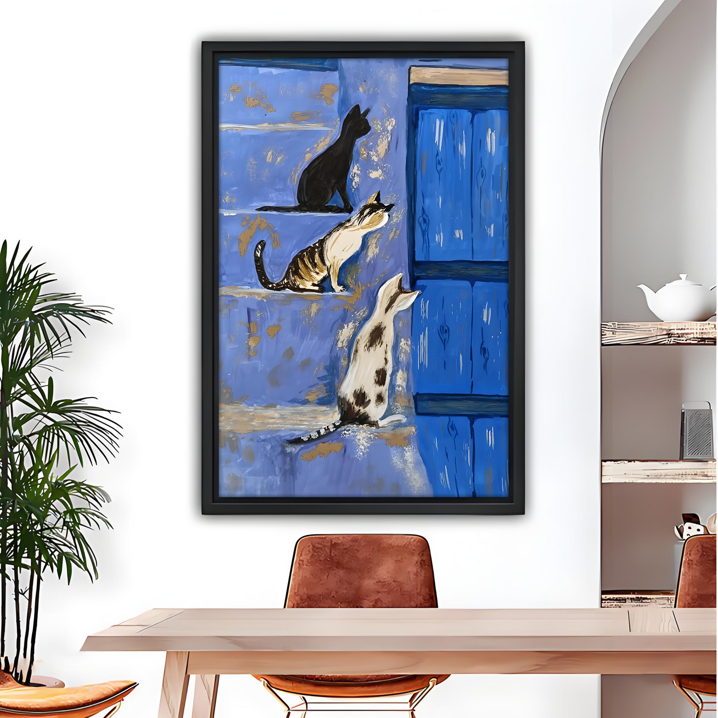 Mediterranean Cats Blue Door Framed Canvas Wall Art l2641