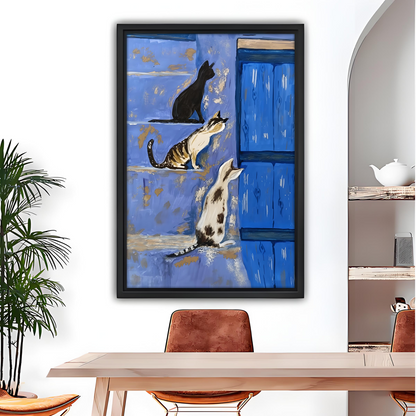 Mediterranean Cats Blue Door Framed Canvas Wall Art l2641