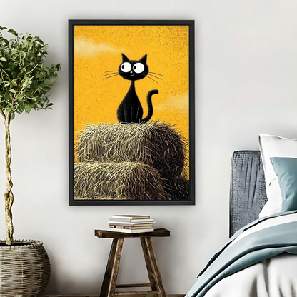 Framed black cat haystack canvas wall art with golden background in bedroom setting