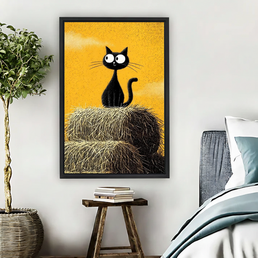 Framed black cat haystack canvas wall art with golden background in bedroom setting