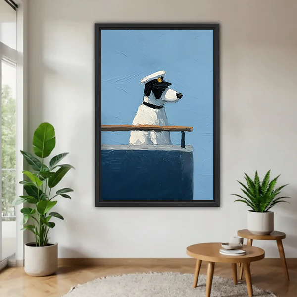 Framed captain dog nautical wall art print hanging in a modern living room with green plants