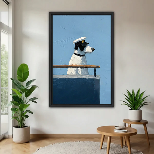 Framed captain dog nautical wall art print hanging in a modern living room with green plants