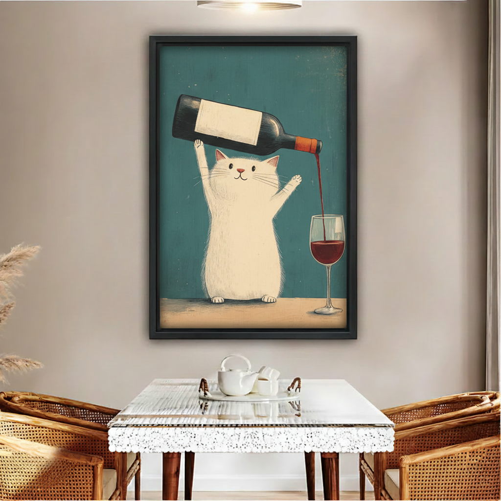 Funny white cat pouring red wine bottle teal background vintage wall art print in black frame above glass dining table with rattan chairs and white tea set in boho dining room