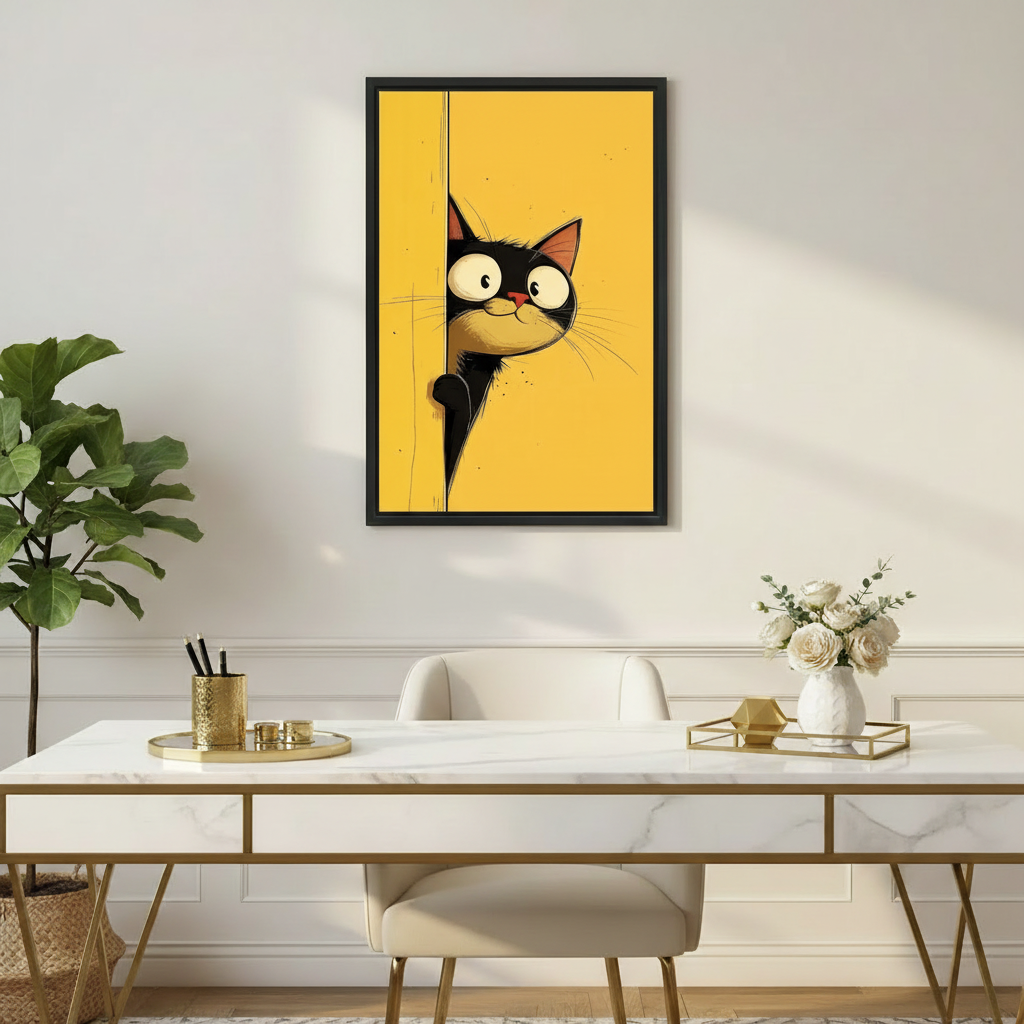 Peeking Black Cat Funny Comic Wall Art Print l1979