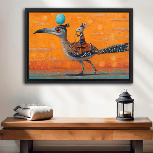 Framed whimsical roadrunner bird rabbit rider wall art print above wooden console table