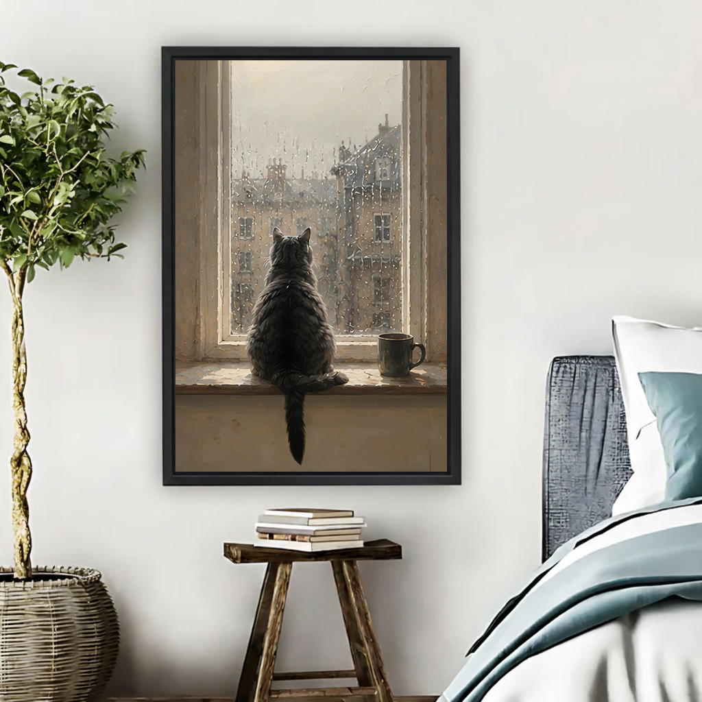 Black cat vintage canvas print in bedroom — cat on windowsill watching rainy city