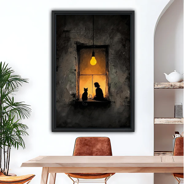 Girl and cat silhouette by glowing window dark oil painting framed canvas wall art in dining room