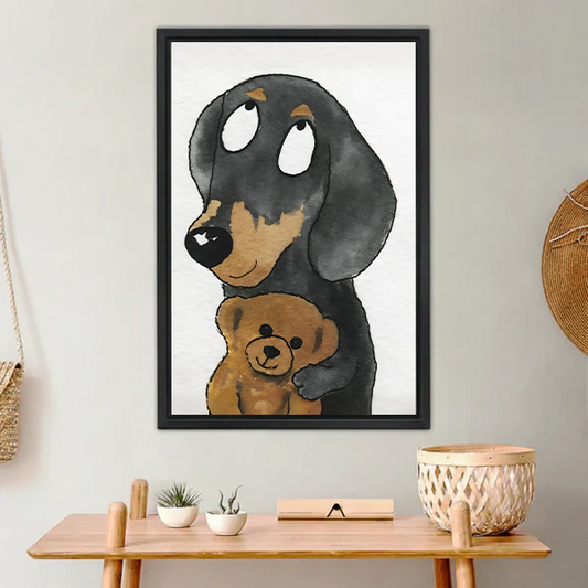 Sweet dachshund with teddy bear cute watercolor illustration black framed wall art print in cozy boho home decor setting