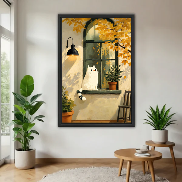 Cozy autumn white cat canvas wall art showing a white cat on a window ledge beneath golden leaves