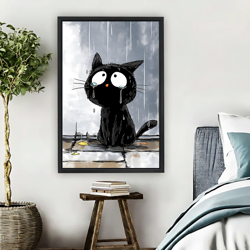 Sad soaking wet black cat standing in rain puddle with wide teary eyes and drooping whiskers under dark grey stormy sky funny cartoon line illustration style framed wall art hung on white wall above rustic wooden stool with stacked books beside rattan basket plant and Scandinavian bed with teal and white linen bedding
