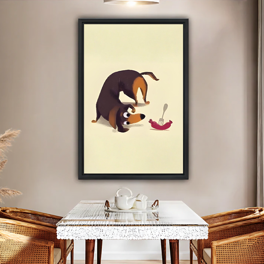 Funny dachshund wall art in black frame centered above glass dining table – cute sausage dog print in earthy boho dining space