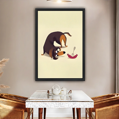 Funny dachshund wall art in black frame centered above glass dining table – cute sausage dog print in earthy boho dining space