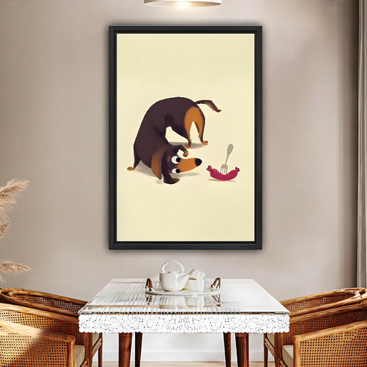 Funny dachshund wall art in black frame centered above glass dining table – cute sausage dog print in earthy boho dining space