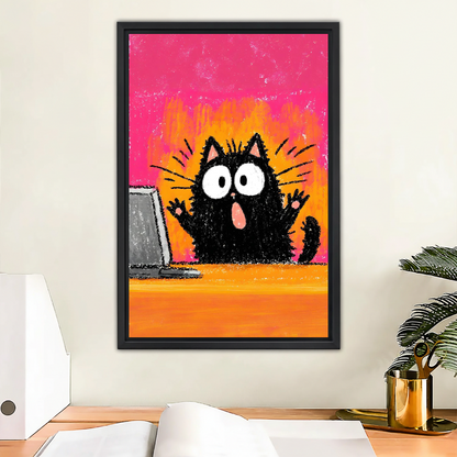 Shocked fluffy black cat with big white eyes and open mouth raising paws in front of laptop computer funny crayon chalk art illustration with hot pink and orange background framed wall art hung on white wall above modern wooden desk with white binder open notebook and gold pen holder beside dark green palm plant in home office