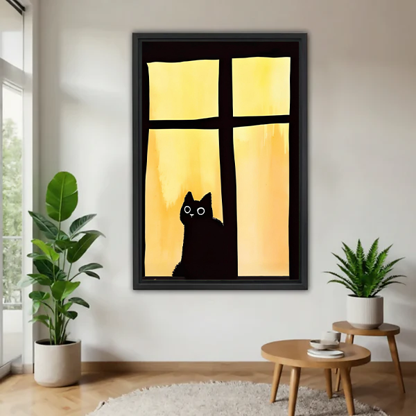 Black cat window silhouette minimalist framed canvas wall art – moody amber glow cat print in bright living room with plants and wood side table