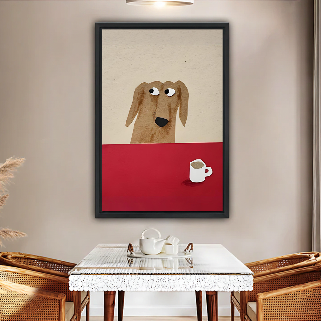 Funny dachshund peeking over red table with coffee mug minimalist framed canvas wall art in black frame above glass dining table