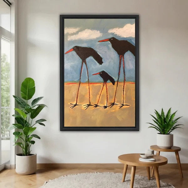 Shorebird family walk bold oil painting framed canvas wall art in black frame on white wall with fiddle leaf fig and round wood side table