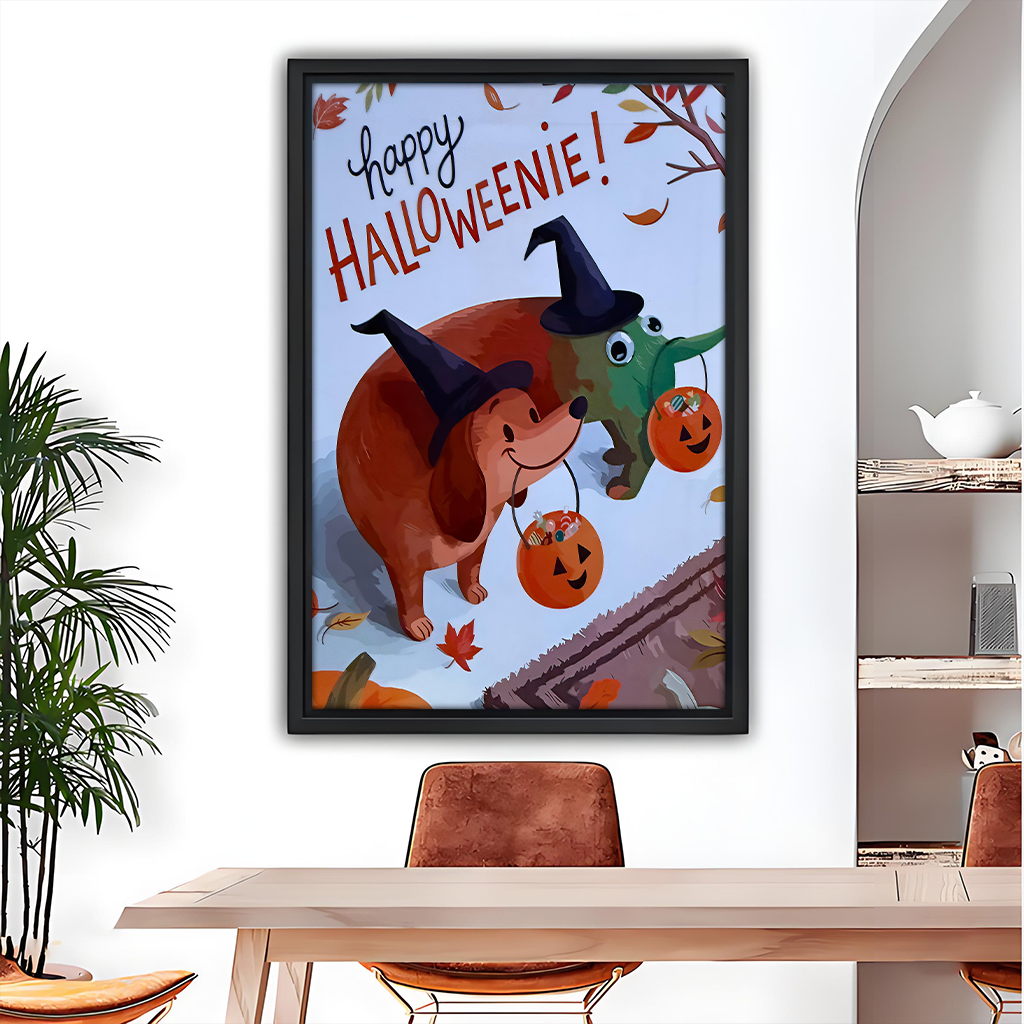 Halloween dachshund canvas wall art in a black frame above a dining table, featuring witch hats and pumpkin buckets.