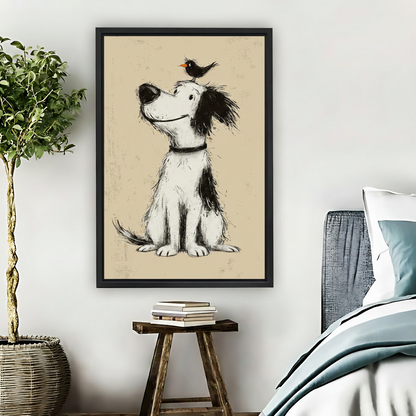 Smiling Dog & Bird Framed Canvas Wall Art – Sketch Animal Print|Liberty Signs#L1754