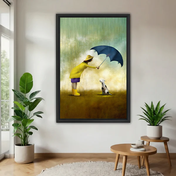 Framed whimsical wall art print of a tall dog and small dog sharing a heart in a modern living room