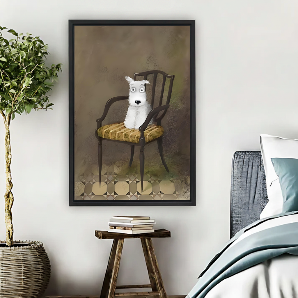 Vintage dog portrait framed canvas wall art hanging above nightstand in cozy bedroom