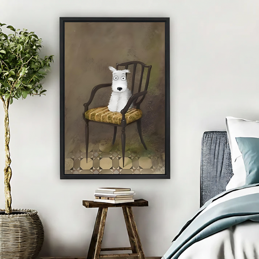 Vintage dog portrait framed canvas wall art hanging above nightstand in cozy bedroom