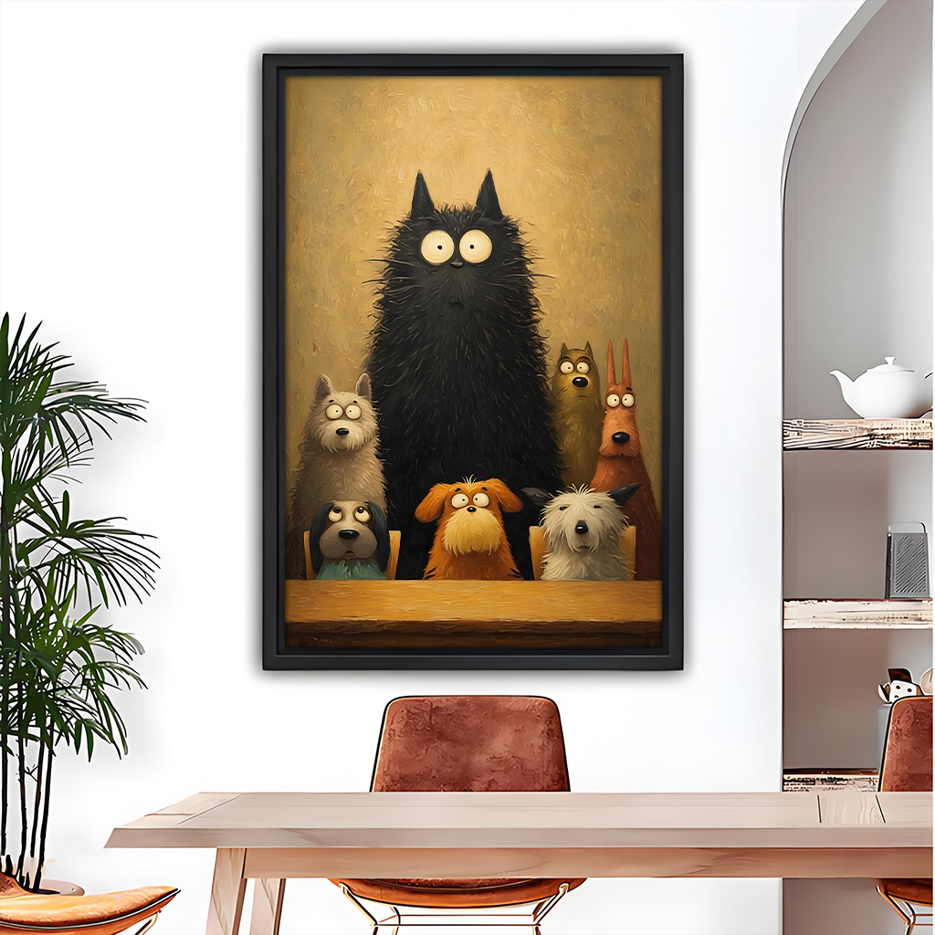 Funny big black cat boss surrounded by dogs vintage oil painting wall art in black frame, dining room decor