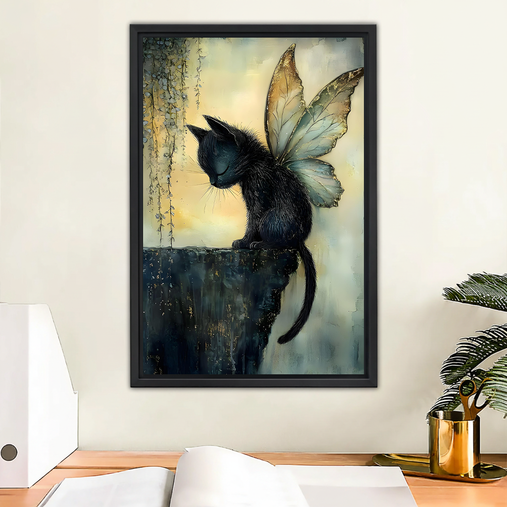 Black Cat Butterfly Wings Fantasy Watercolor Wall Art l2348